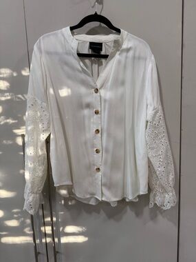 Eyelet-Sleeve Ivory Button Front Blouse